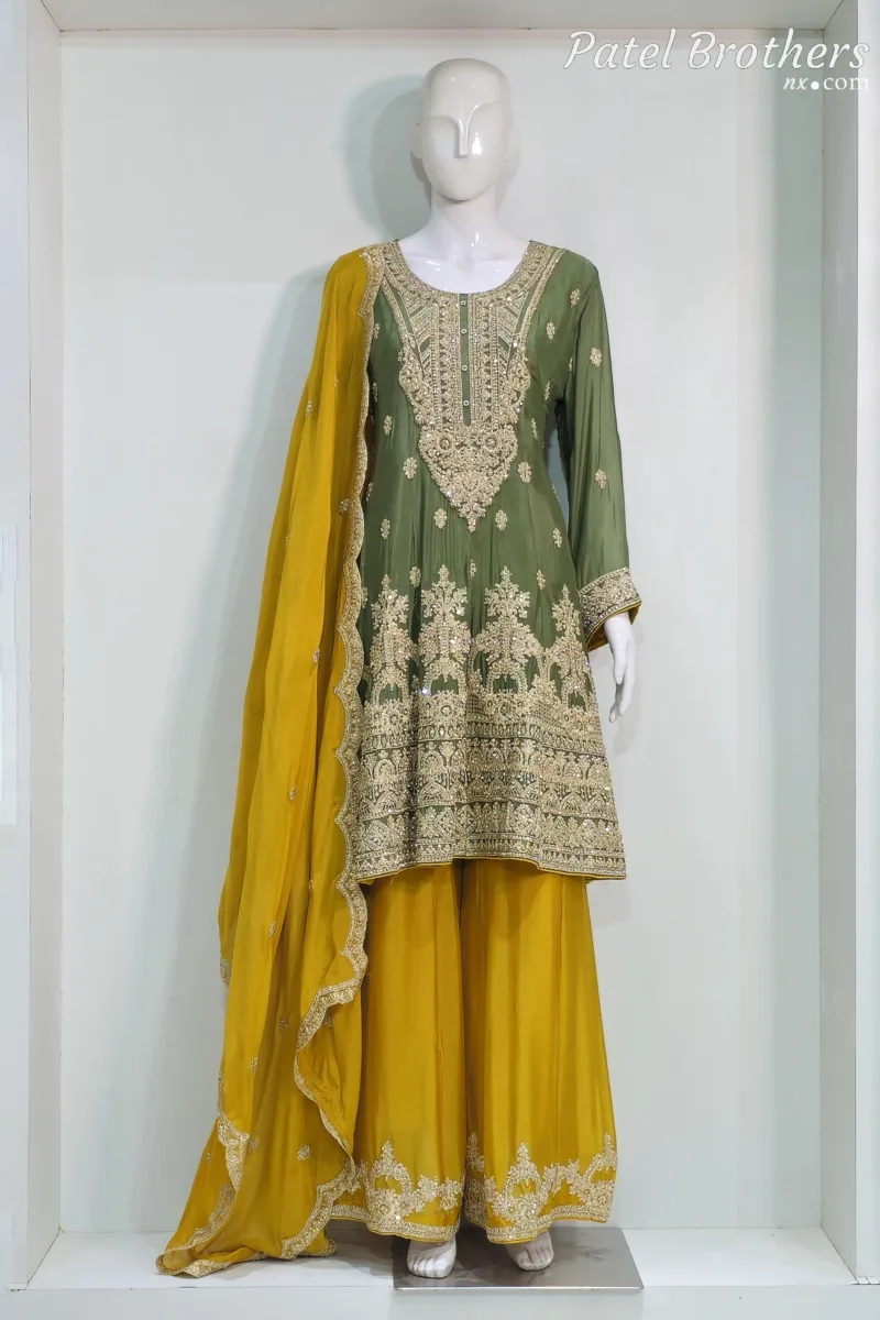 Olive Green & Mustard Chinon Chiffon Zari Embroidered Sharara Suit | 3126 A - Patel Brothers NX 3