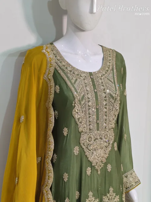 Olive Green & Mustard Chinon Chiffon Zari Embroidered Sharara Suit | 3126 A - Patel Brothers NX 2