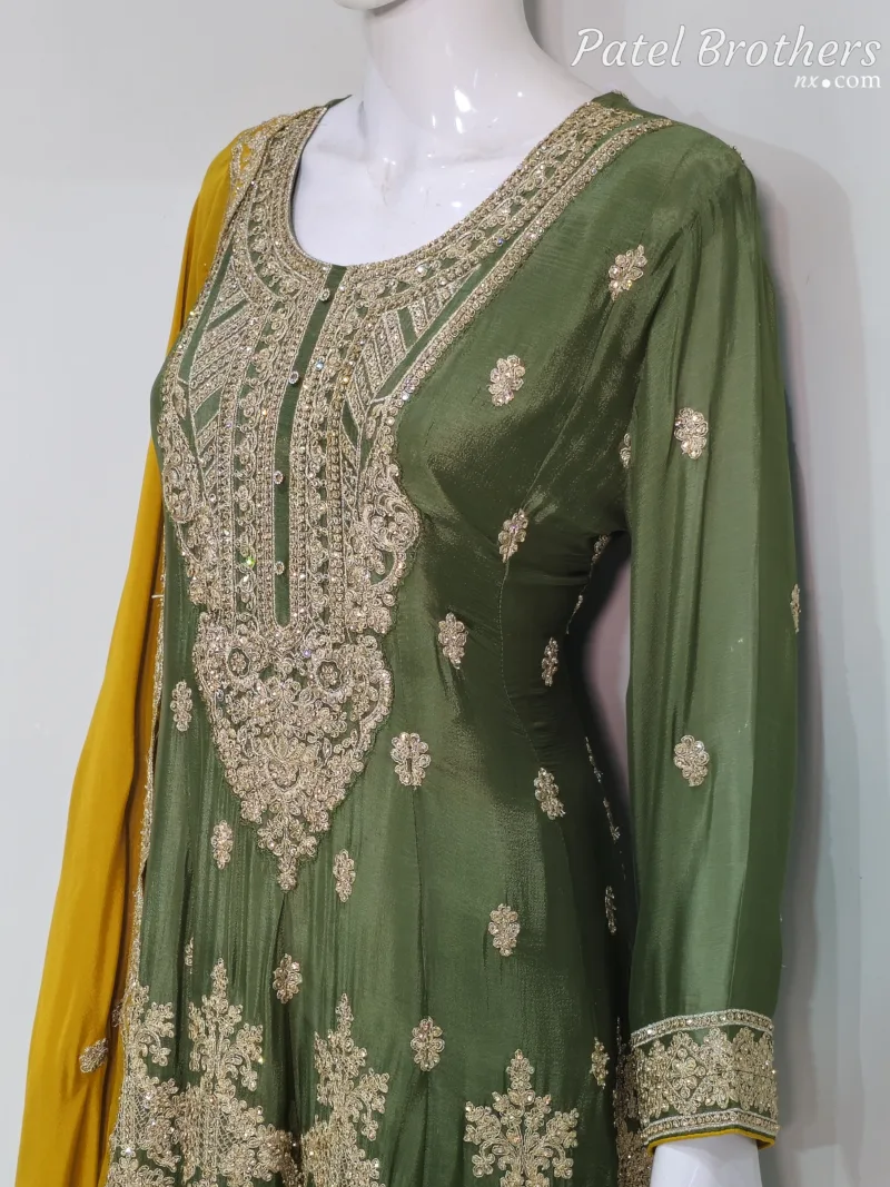 Olive Green & Mustard Chinon Chiffon Zari Embroidered Sharara Suit | 3126 A - Patel Brothers NX 8