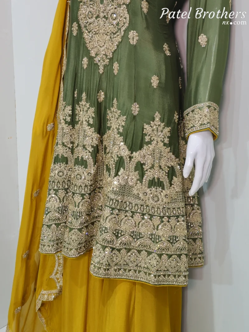 Olive Green & Mustard Chinon Chiffon Zari Embroidered Sharara Suit | 3126 A - Patel Brothers NX 7
