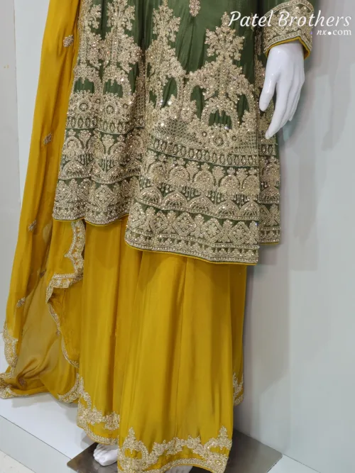Olive Green & Mustard Chinon Chiffon Zari Embroidered Sharara Suit | 3126 A - Patel Brothers NX 4