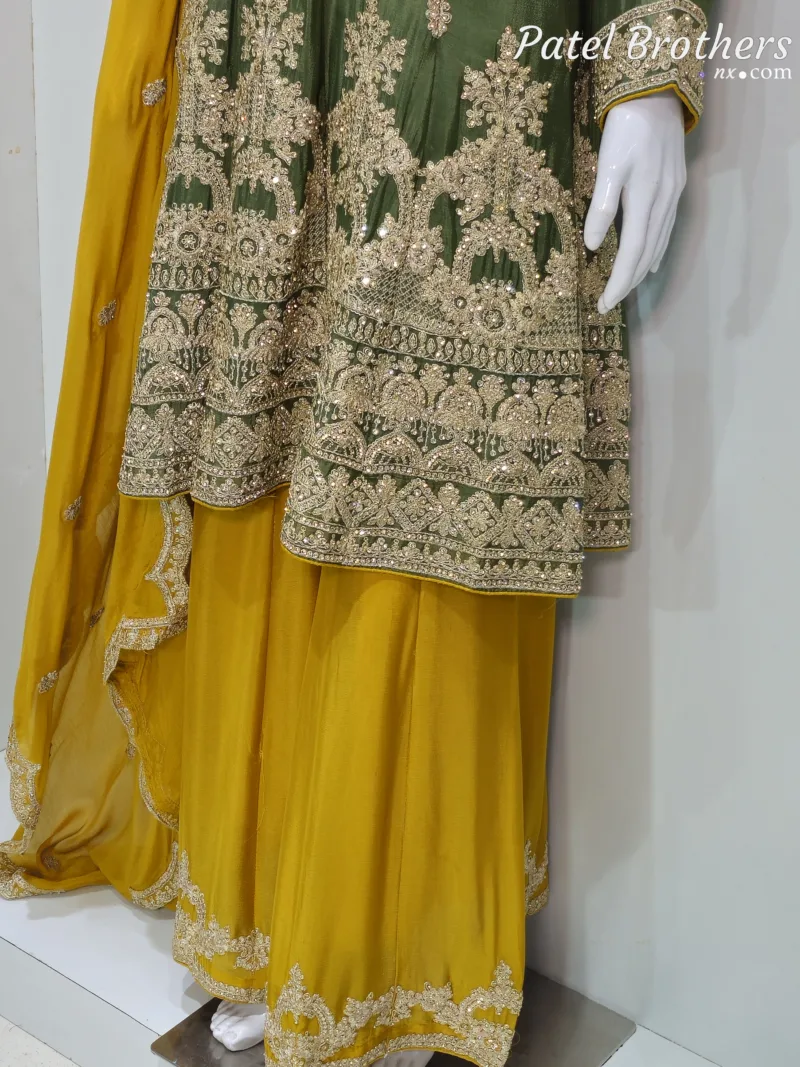 Olive Green & Mustard Chinon Chiffon Zari Embroidered Sharara Suit | 3126 A - Patel Brothers NX 6