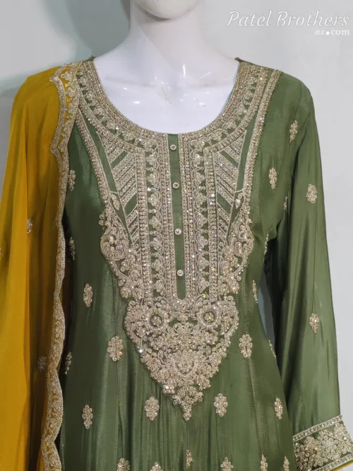 Olive Green & Mustard Chinon Chiffon Zari Embroidered Sharara Suit | 3126 A - Patel Brothers NX 3