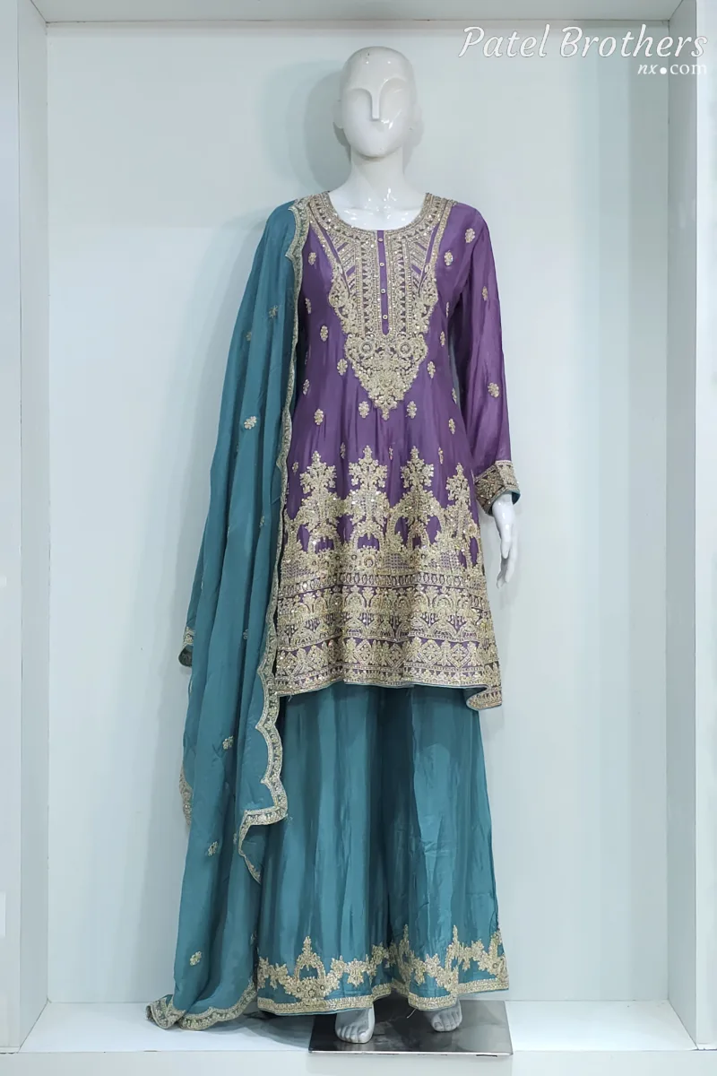 Purple & Teal Chinon Chiffon Zari Embroidered Sharara Suit | 3126 B - Patel Brothers NX 3