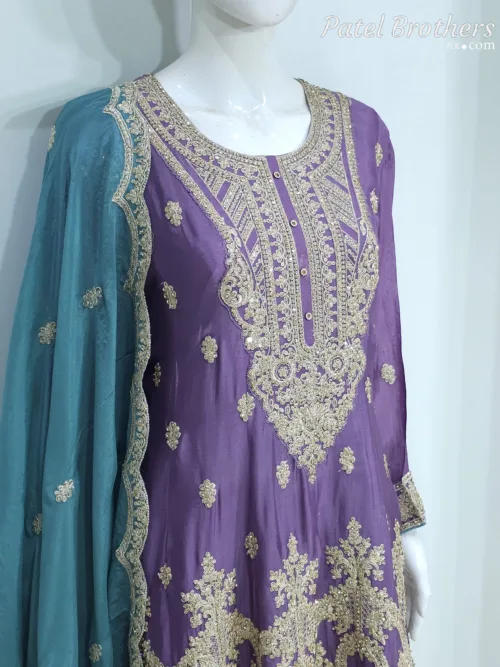 Purple & Teal Chinon Chiffon Zari Embroidered Sharara Suit | 3126 B - Patel Brothers NX 2
