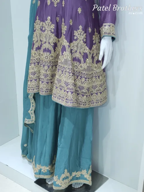 Purple & Teal Chinon Chiffon Zari Embroidered Sharara Suit | 3126 B - Patel Brothers NX 4