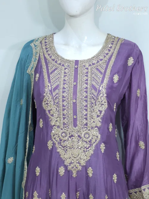 Purple & Teal Chinon Chiffon Zari Embroidered Sharara Suit | 3126 B - Patel Brothers NX 3