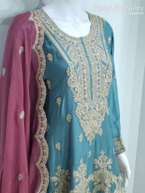 Teal & Mauve Pink Chinon Chiffon Zari Embroidered Sharara Suit | 3126 C - Patel Brothers NX 2