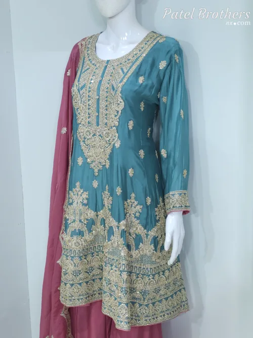 Teal & Mauve Pink Chinon Chiffon Zari Embroidered Sharara Suit | 3126 C - Patel Brothers NX 3