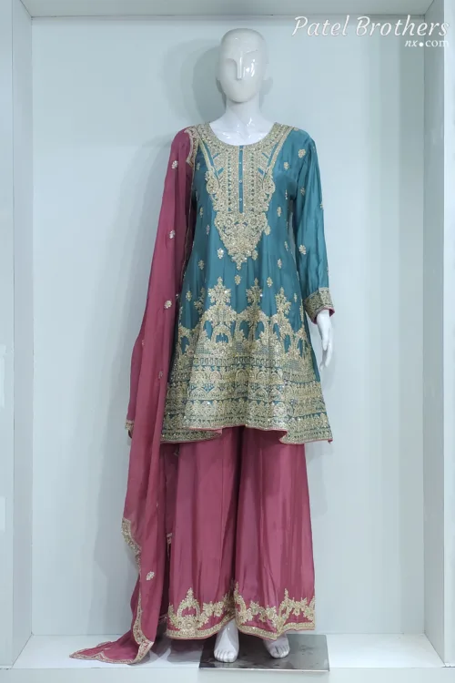 Teal & Mauve Pink Chinon Chiffon Zari Embroidered Sharara Suit | 3126 C - Patel Brothers NX