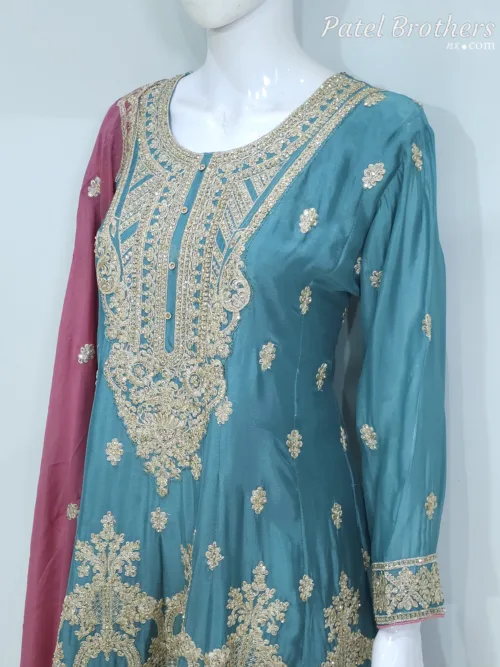 Teal & Mauve Pink Chinon Chiffon Zari Embroidered Sharara Suit | 3126 C - Patel Brothers NX 4