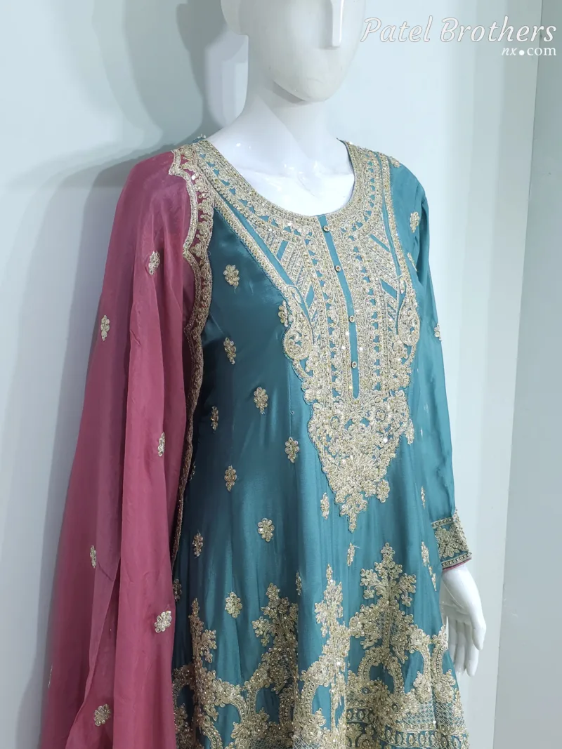 Teal & Mauve Pink Chinon Chiffon Zari Embroidered Sharara Suit | 3126 C - Patel Brothers NX 7