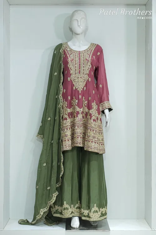Dusty Rose Pure Chinon Chiffon Peplum Suit with Heavy Sharara & Dupatta | 3646 C - Patel Brothers NX 13