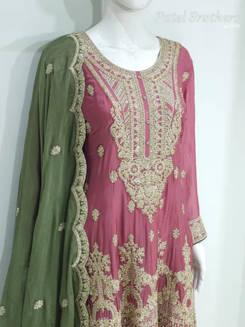 Rose Pink & Olive Green Chinon Chiffon Zari Embroidered Sharara Suit | 3126 D - Patel Brothers NX 2