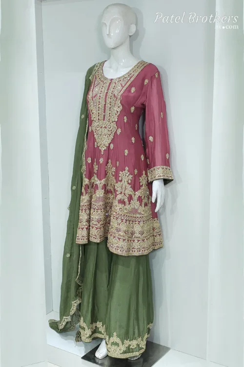 Rose Pink & Olive Green Chinon Chiffon Zari Embroidered Sharara Suit | 3126 D - Patel Brothers NX 3