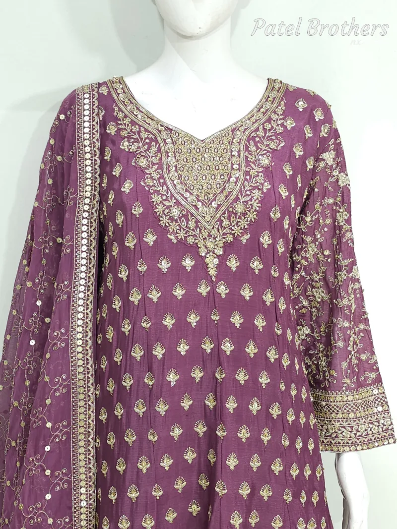 Plum Pure Chinon Chiffon Peplum Suit with Heavy Sharara & Dupatta | 3646 A - Patel Brothers NX 5