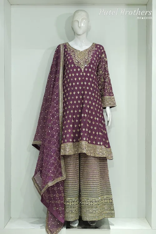 Navy Blue Chinon Chiffon Embroidered Straight Suit with Kali Plazo & Red Dupatta | 3743 A - Patel Brothers NX 13