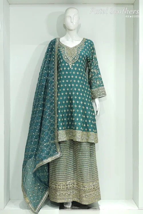 Dusty Rose Pure Chinon Chiffon Peplum Suit with Heavy Sharara & Dupatta | 3646 C - Patel Brothers NX 14