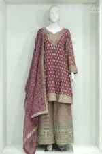 Dusty Rose Pure Chinon Chiffon Peplum Suit with Heavy Sharara & Dupatta | 3646 C - Patel Brothers NX 8