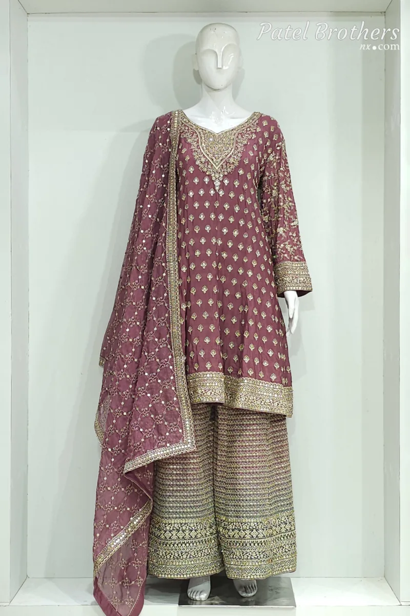 Dusty Rose Pure Chinon Chiffon Peplum Suit with Heavy Sharara & Dupatta | 3646 C - Patel Brothers NX 3
