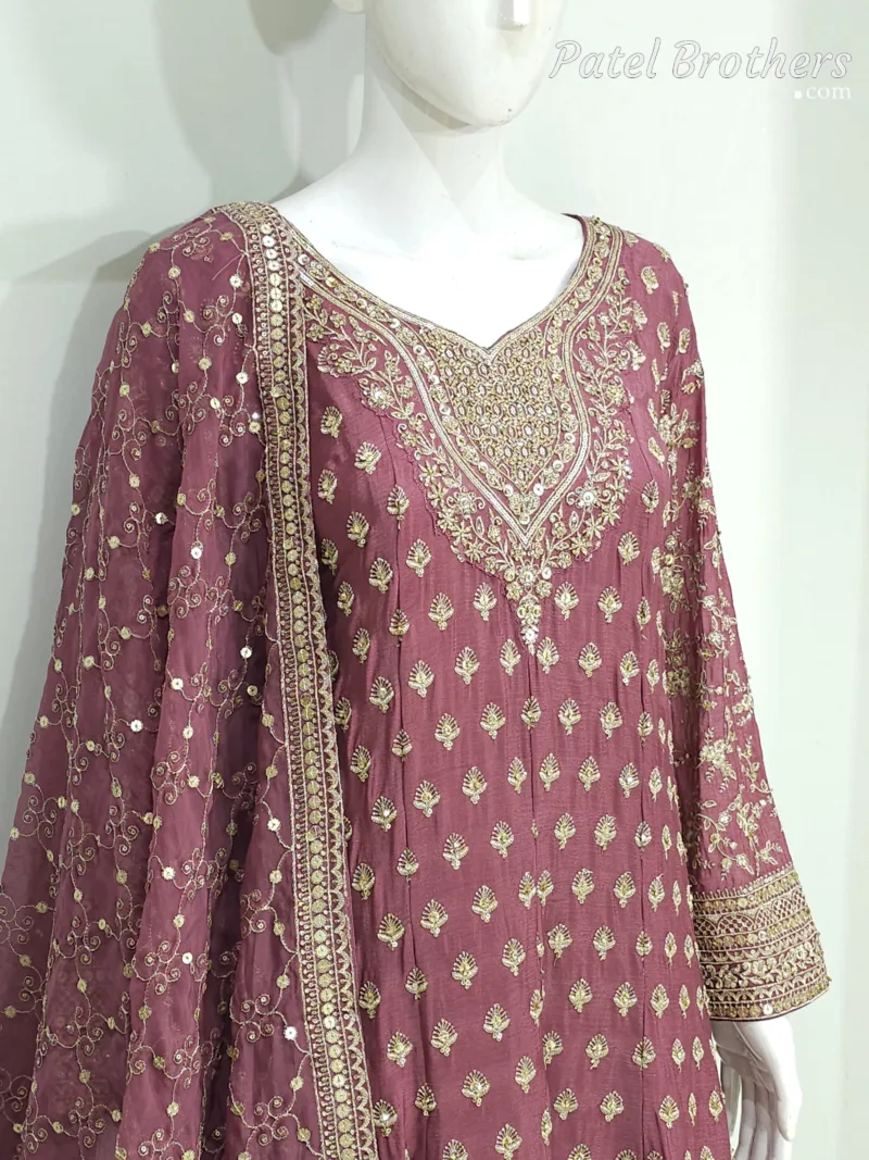 Dusty Rose Pure Chinon Chiffon Peplum Suit with Heavy Sharara & Dupatta | 3646 C - Patel Brothers NX 4