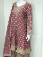 Dusty Rose Pure Chinon Chiffon Peplum Suit with Heavy Sharara & Dupatta | 3646 C - Patel Brothers NX 12