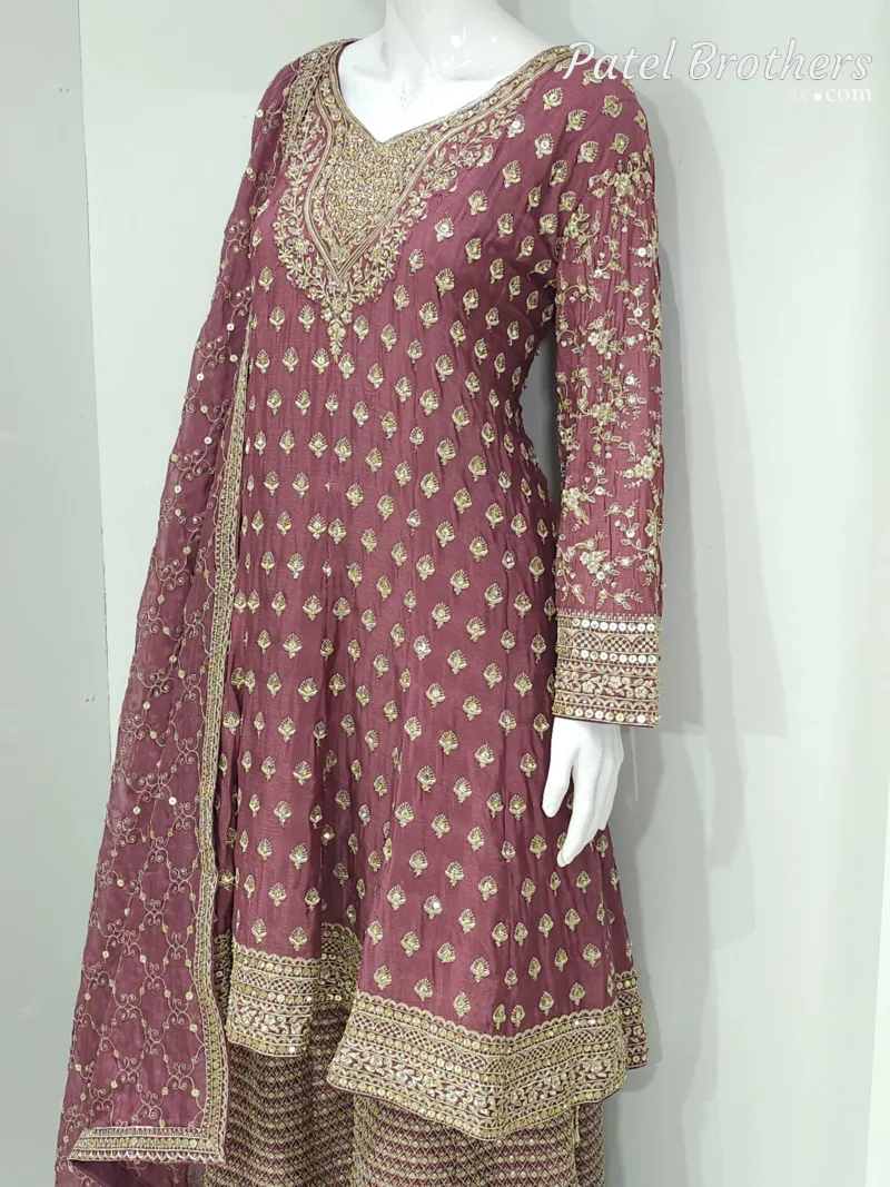Dusty Rose Pure Chinon Chiffon Peplum Suit with Heavy Sharara & Dupatta | 3646 C - Patel Brothers NX 7