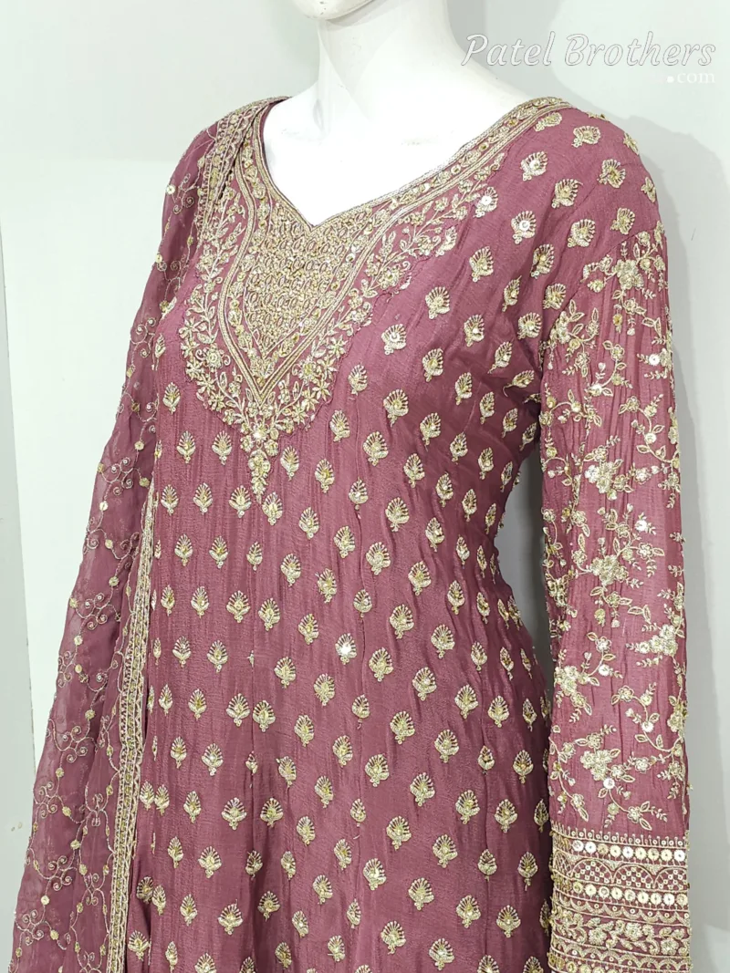 Dusty Rose Pure Chinon Chiffon Peplum Suit with Heavy Sharara & Dupatta | 3646 C - Patel Brothers NX 5