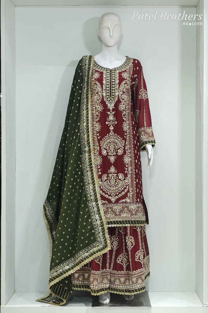 Maroon Chinon Chiffon Embroidered Straight Suit with Kali Plazo & Dupatta | 3743 B - Patel Brothers NX 3