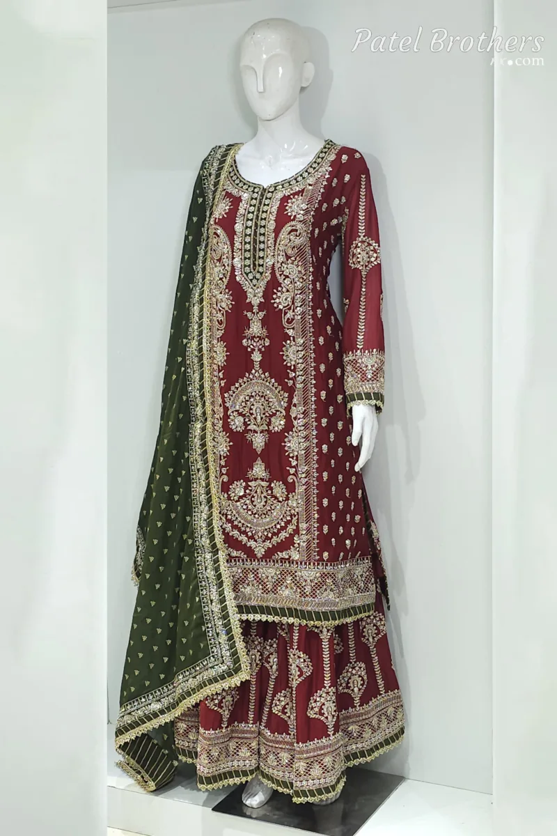 Maroon Chinon Chiffon Embroidered Straight Suit with Kali Plazo & Dupatta | 3743 B - Patel Brothers NX 5