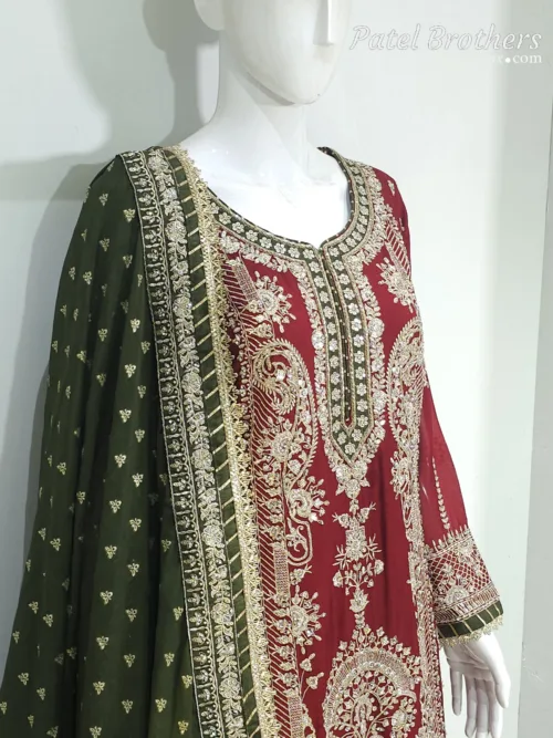 Maroon Chinon Chiffon Embroidered Straight Suit with Kali Plazo & Dupatta | 3743 B - Patel Brothers NX 2