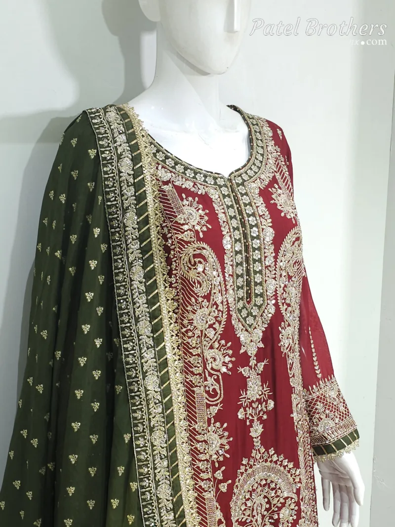 Maroon Chinon Chiffon Embroidered Straight Suit with Kali Plazo & Dupatta | 3743 B - Patel Brothers NX 4