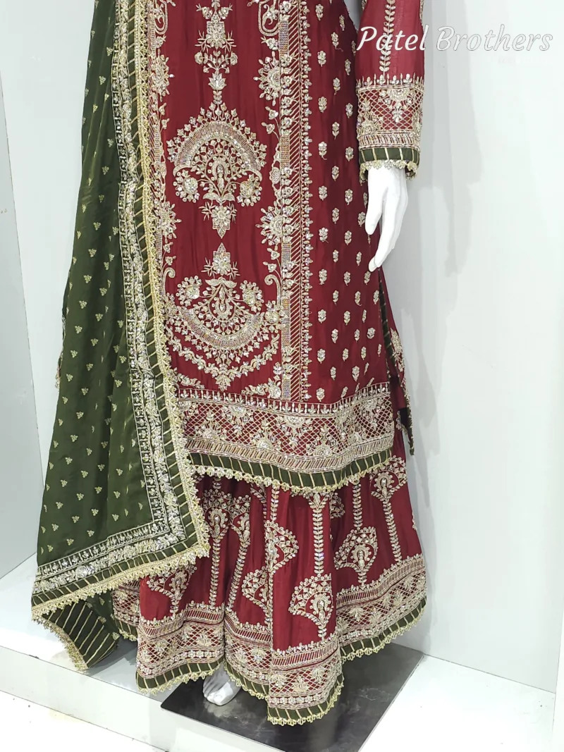 Maroon Chinon Chiffon Embroidered Straight Suit with Kali Plazo & Dupatta | 3743 B - Patel Brothers NX 6