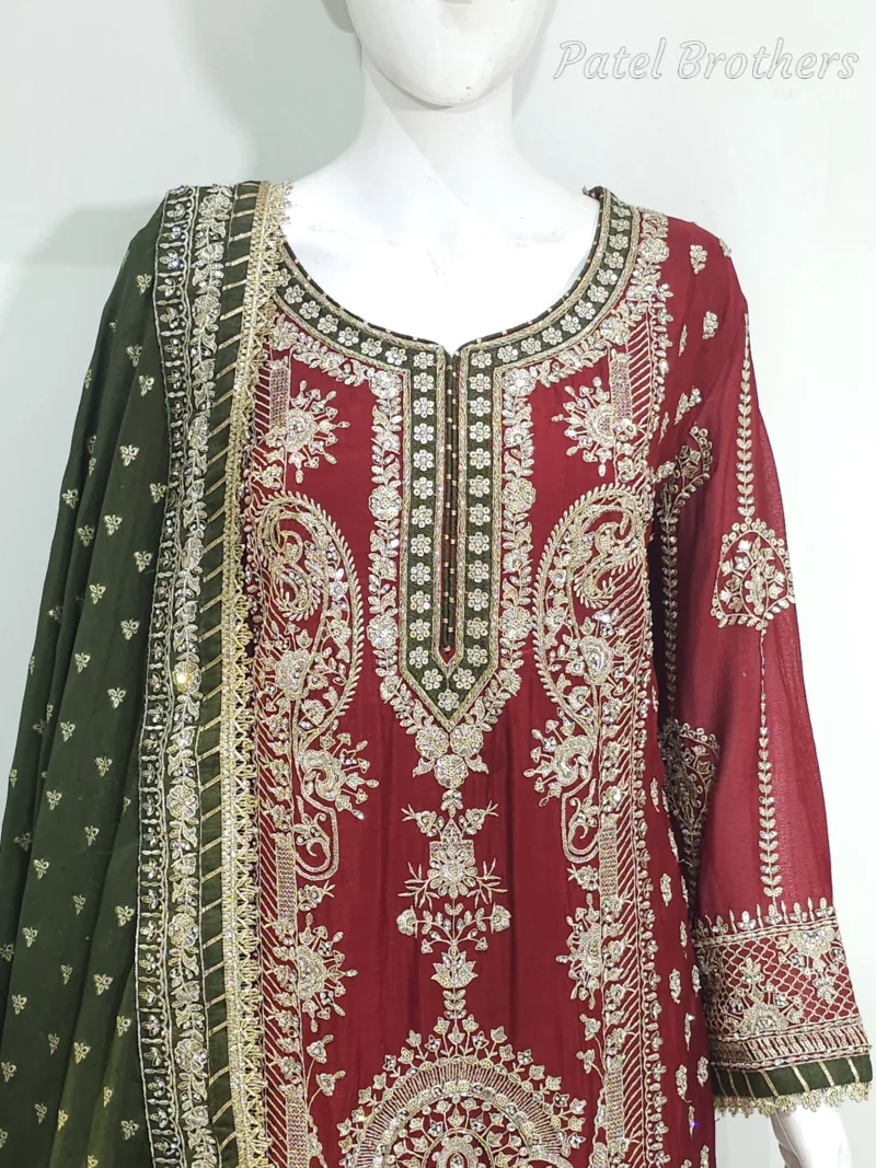 Maroon Chinon Chiffon Embroidered Straight Suit with Kali Plazo & Dupatta | 3743 B - Patel Brothers NX 7
