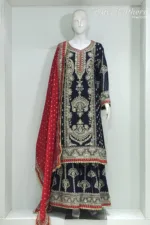 Navy Blue Chinon Chiffon Embroidered Straight Suit with Kali Plazo & Red Dupatta | 3743 A - Patel Brothers NX 8