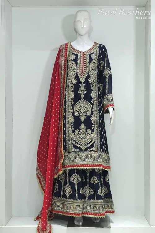 Maroon Chinon Chiffon Embroidered Straight Suit with Kali Plazo & Dupatta | 3743 B - Patel Brothers NX 13