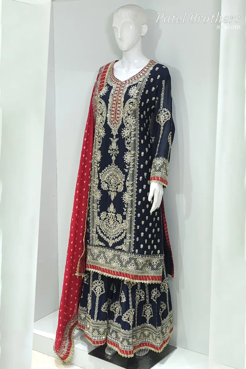 Navy Blue Chinon Chiffon Embroidered Straight Suit with Kali Plazo & Red Dupatta | 3743 A - Patel Brothers NX 5