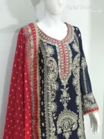 Navy Blue Chinon Chiffon Embroidered Straight Suit with Kali Plazo & Red Dupatta | 3743 A - Patel Brothers NX 9