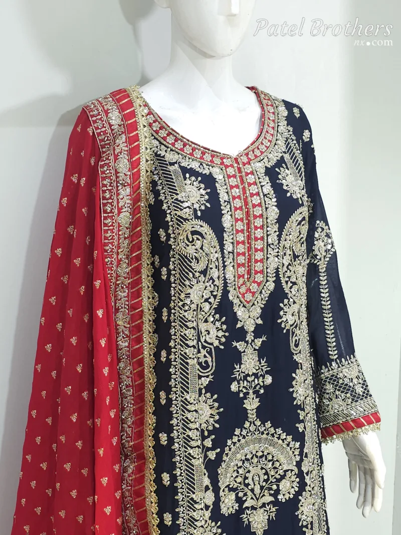 Navy Blue Chinon Chiffon Embroidered Straight Suit with Kali Plazo & Red Dupatta | 3743 A - Patel Brothers NX 4