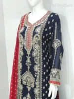 Navy Blue Chinon Chiffon Embroidered Straight Suit with Kali Plazo & Red Dupatta | 3743 A - Patel Brothers NX 11