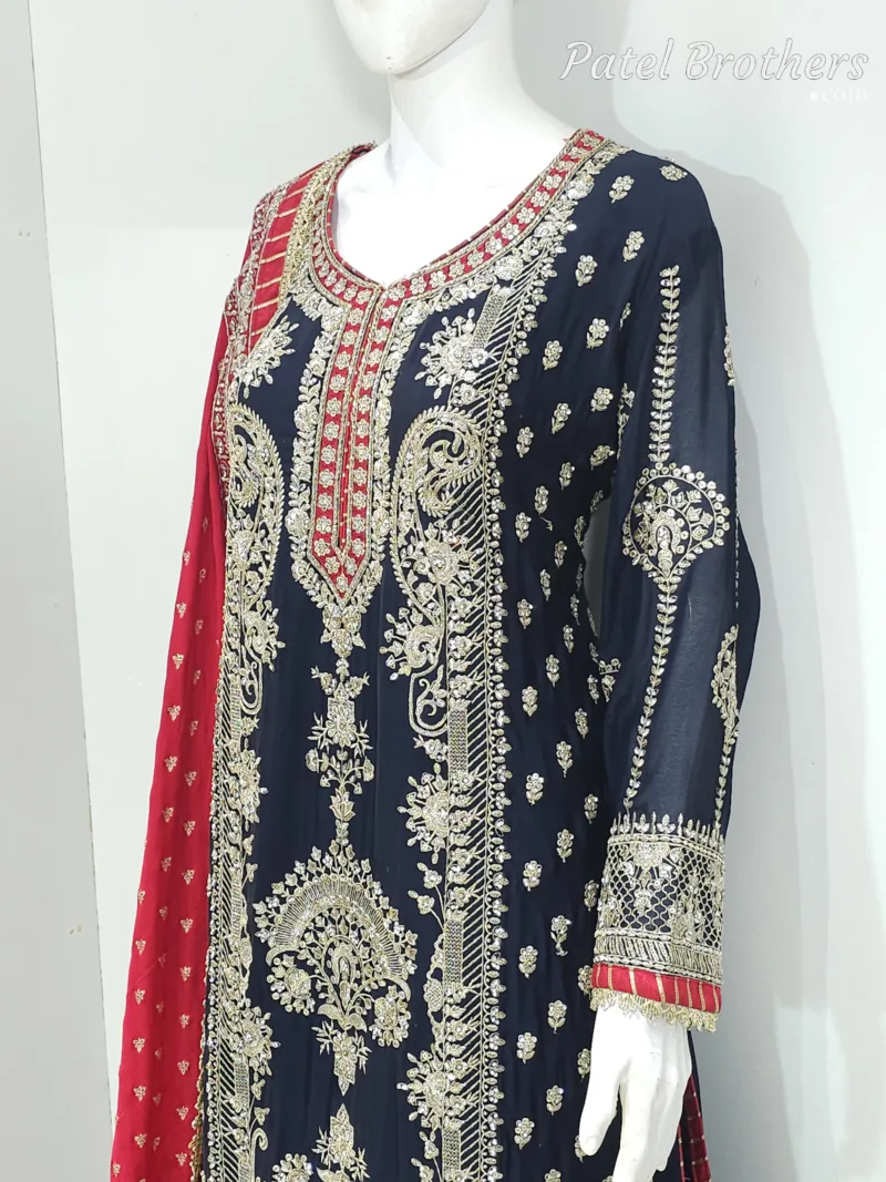 Navy Blue Chinon Chiffon Embroidered Straight Suit with Kali Plazo & Red Dupatta | 3743 A - Patel Brothers NX 6