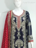 Navy Blue Chinon Chiffon Embroidered Straight Suit with Kali Plazo & Red Dupatta | 3743 A - Patel Brothers NX 12
