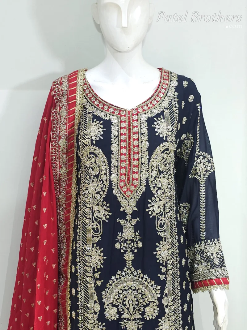 Navy Blue Chinon Chiffon Embroidered Straight Suit with Kali Plazo & Red Dupatta | 3743 A - Patel Brothers NX 7
