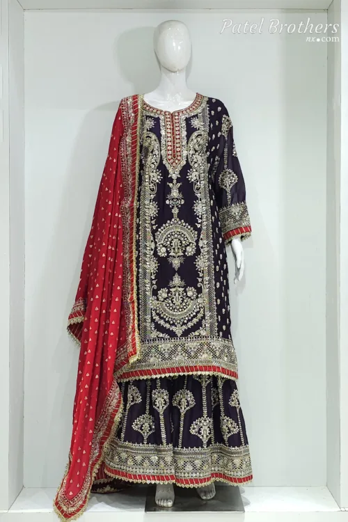 Dark Grey Shimmer Tissue Palazzo Suit with Multicolored Embroidery & Pure Chiffon Dupatta - Patel Brothers NX 15