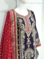 Dark Purple Chinon Chiffon Embroidered Straight Suit with Kali Plazo & Red Dupatta | 3743 C - Patel Brothers NX 10