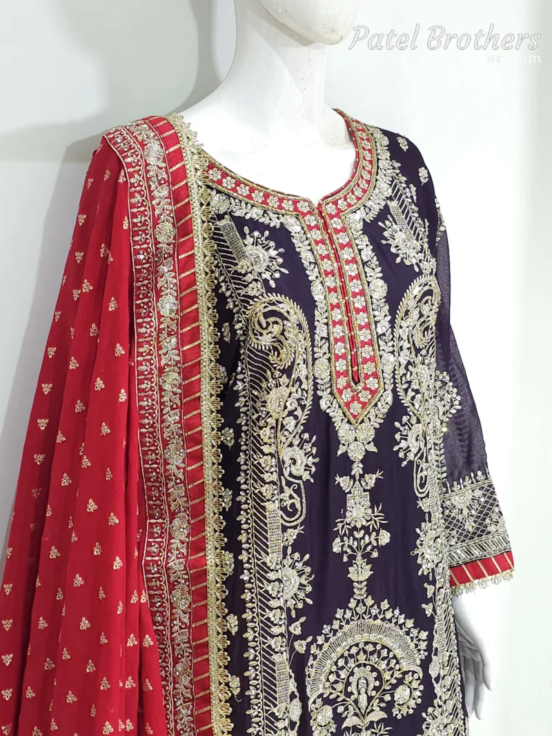 Dark Purple Chinon Chiffon Embroidered Straight Suit with Kali Plazo & Red Dupatta | 3743 C - Patel Brothers NX 4
