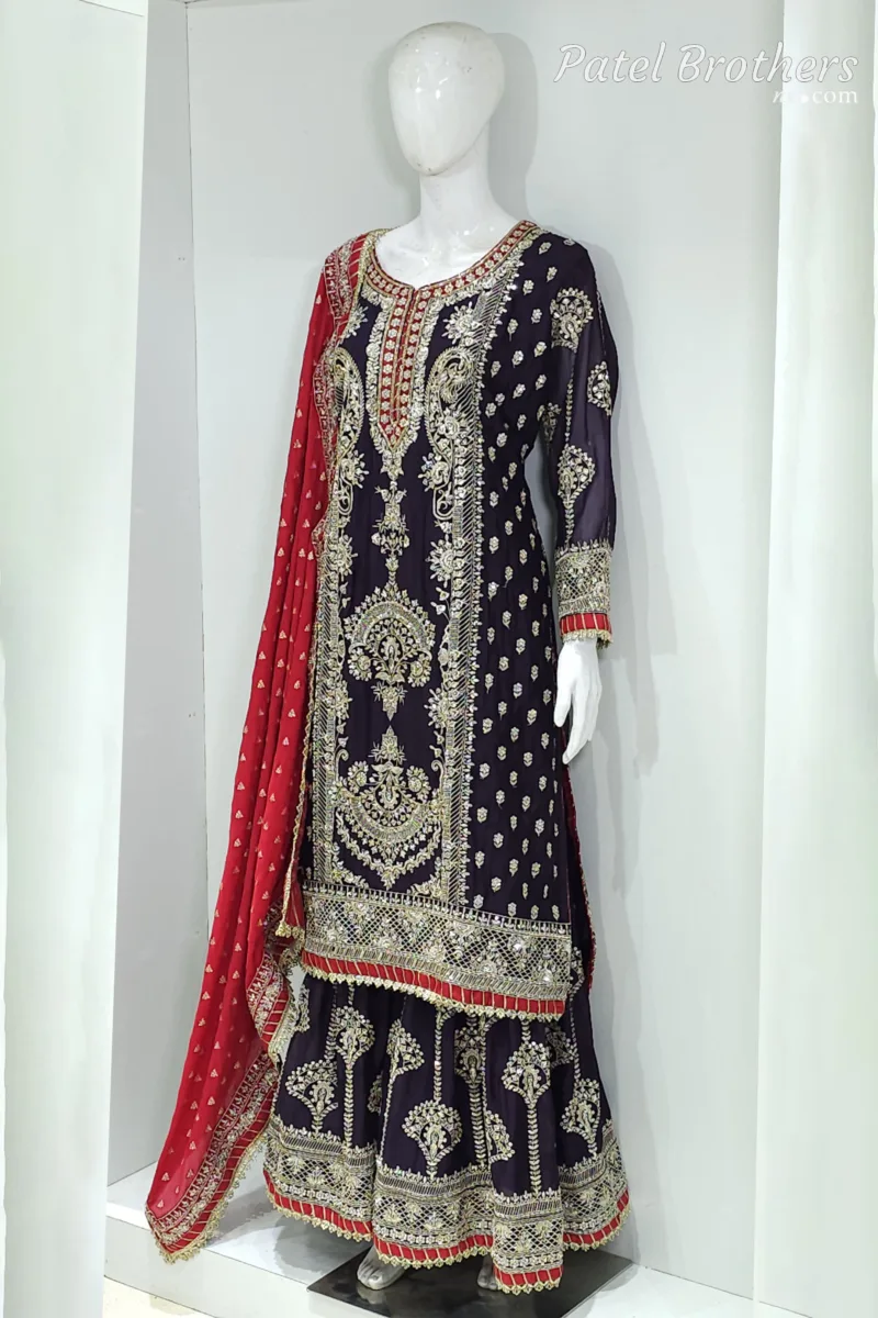 Dark Purple Chinon Chiffon Embroidered Straight Suit with Kali Plazo & Red Dupatta | 3743 C - Patel Brothers NX 8