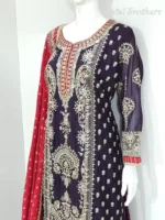 Dark Purple Chinon Chiffon Embroidered Straight Suit with Kali Plazo & Red Dupatta | 3743 C - Patel Brothers NX 13