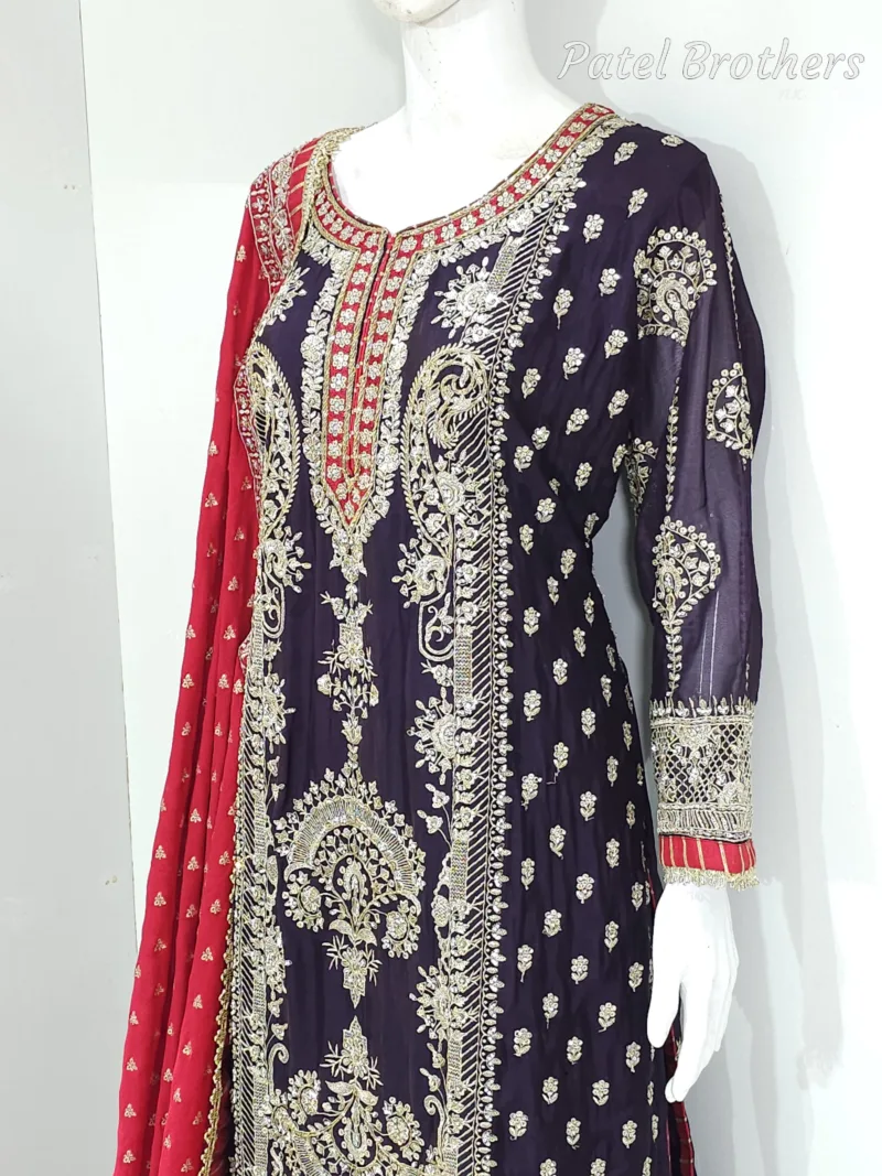 Dark Purple Chinon Chiffon Embroidered Straight Suit with Kali Plazo & Red Dupatta | 3743 C - Patel Brothers NX 7