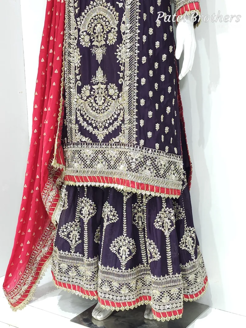 Dark Purple Chinon Chiffon Embroidered Straight Suit with Kali Plazo & Red Dupatta | 3743 C - Patel Brothers NX 6